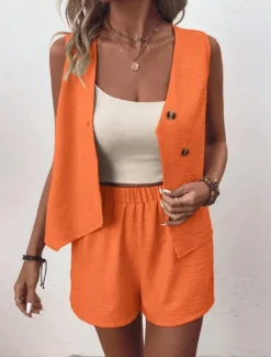 Women's Streetwear Daily Blouse Shorts Sets Sleeveless V Neck Solid Color Dubbele Rij Knopen Outdoor Vacation Light Green Dark Navy Orange Summer Regular Fit