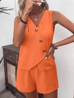 Women's Streetwear Daily Blouse Shorts Sets Sleeveless V Neck Solid Color Dubbele Rij Knopen Outdoor Vacation Light Green Dark Navy Orange Summer Regular Fit