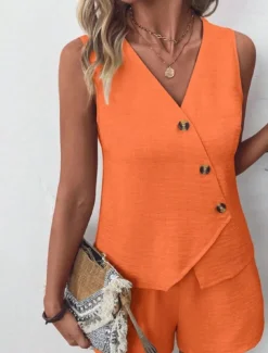 Women's Streetwear Daily Blouse Shorts Sets Sleeveless V Neck Solid Color Dubbele Rij Knopen Outdoor Vacation Light Green Dark Navy Orange Summer Regular Fit