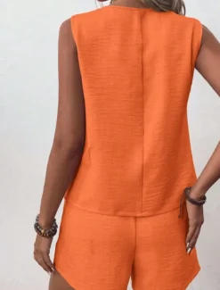 Women's Streetwear Daily Blouse Shorts Sets Sleeveless V Neck Solid Color Dubbele Rij Knopen Outdoor Vacation Light Green Dark Navy Orange Summer Regular Fit