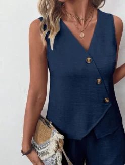 Women's Streetwear Daily Blouse Shorts Sets Sleeveless V Neck Solid Color Dubbele Rij Knopen Outdoor Vacation Light Green Dark Navy Orange Summer Regular Fit