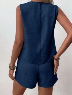 Women's Streetwear Daily Blouse Shorts Sets Sleeveless V Neck Solid Color Dubbele Rij Knopen Outdoor Vacation Light Green Dark Navy Orange Summer Regular Fit