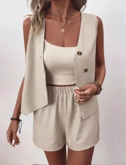 Women's Streetwear Daily Blouse Shorts Sets Sleeveless V Neck Solid Color Dubbele Rij Knopen Outdoor Vacation Light Green Dark Navy Orange Summer Regular Fit