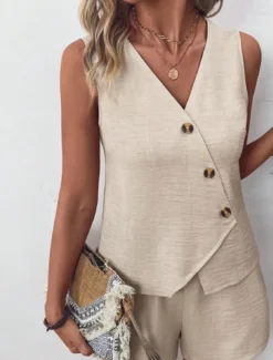 Women's Streetwear Daily Blouse Shorts Sets Sleeveless V Neck Solid Color Dubbele Rij Knopen Outdoor Vacation Light Green Dark Navy Orange Summer Regular Fit