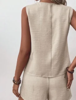 Women's Streetwear Daily Blouse Shorts Sets Sleeveless V Neck Solid Color Dubbele Rij Knopen Outdoor Vacation Light Green Dark Navy Orange Summer Regular Fit