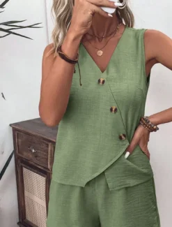 Women's Streetwear Daily Blouse Shorts Sets Sleeveless V Neck Solid Color Dubbele Rij Knopen Outdoor Vacation Light Green Dark Navy Orange Summer Regular Fit