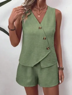 Women's Streetwear Daily Blouse Shorts Sets Sleeveless V Neck Solid Color Dubbele Rij Knopen Outdoor Vacation Light Green Dark Navy Orange Summer Regular Fit