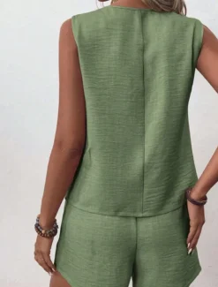 Women's Streetwear Daily Blouse Shorts Sets Sleeveless V Neck Solid Color Dubbele Rij Knopen Outdoor Vacation Light Green Dark Navy Orange Summer Regular Fit