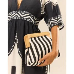 Women's Striped Canvas Crossbody Bag – Retro Wooden Frame Small Shoulder Purse with Adjustable Strap – Black and Beige, Ideal for Casual Outings and Travel