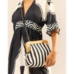 Women's Striped Canvas Crossbody Bag – Retro Wooden Frame Small Shoulder Purse with Adjustable Strap – Black and Beige, Ideal for Casual Outings and Travel