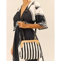 Women's Striped Canvas Crossbody Bag – Retro Wooden Frame Small Shoulder Purse with Adjustable Strap – Black and Beige, Ideal for Casual Outings and Travel