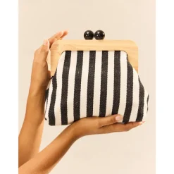 Women's Striped Canvas Crossbody Bag – Retro Wooden Frame Small Shoulder Purse with Adjustable Strap – Black and Beige, Ideal for Casual Outings and Travel