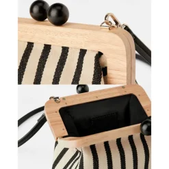 Women's Striped Canvas Crossbody Bag – Retro Wooden Frame Small Shoulder Purse with Adjustable Strap – Black and Beige, Ideal for Casual Outings and Travel