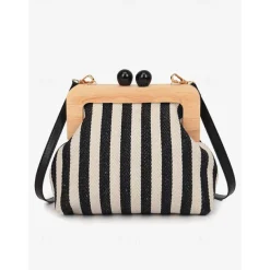 Women's Striped Canvas Crossbody Bag – Retro Wooden Frame Small Shoulder Purse with Adjustable Strap – Black and Beige, Ideal for Casual Outings and Travel