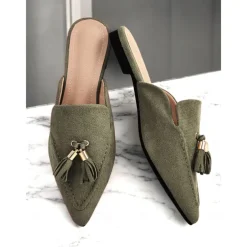 Women's Stylish Camel Suede Loafer Mules with Tassel Detail | Perfect for Casual and Dressy Occasions
