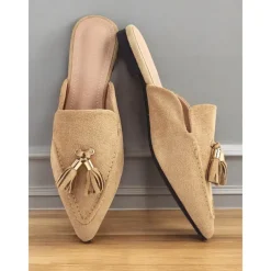 Women's Stylish Camel Suede Loafer Mules with Tassel Detail | Perfect for Casual and Dressy Occasions