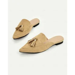 Women's Stylish Camel Suede Loafer Mules with Tassel Detail | Perfect for Casual and Dressy Occasions