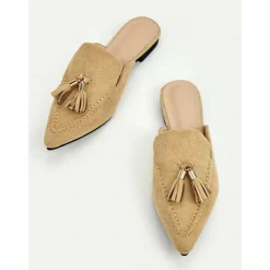 Women's Stylish Camel Suede Loafer Mules with Tassel Detail | Perfect for Casual and Dressy Occasions