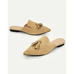 Women's Stylish Camel Suede Loafer Mules with Tassel Detail | Perfect for Casual and Dressy Occasions