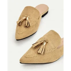 Women's Stylish Camel Suede Loafer Mules with Tassel Detail | Perfect for Casual and Dressy Occasions