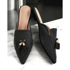 Women's Stylish Camel Suede Loafer Mules with Tassel Detail | Perfect for Casual and Dressy Occasions