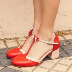 Women's Stylish Red T-Strap Heels with Bow Detail and Block Heel – Comfortable Vintage Design for Casual and Formal Occasions