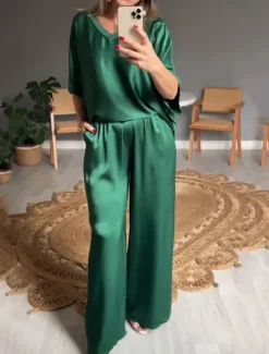 Women's Stylish T Shirt Wide Leg Pants 3/4 Length Sleeve V Neck Plain Holiday Weekend Silver Black Pink Summer Regular Fit