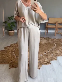 Women's Stylish T Shirt Wide Leg Pants 3/4 Length Sleeve V Neck Plain Holiday Weekend Silver Black Pink Summer Regular Fit