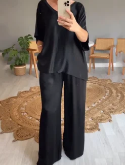 Women's Stylish T Shirt Wide Leg Pants 3/4 Length Sleeve V Neck Plain Holiday Weekend Silver Black Pink Summer Regular Fit