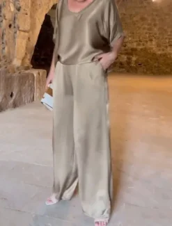 Women's Stylish T Shirt Wide Leg Pants 3/4 Length Sleeve V Neck Plain Holiday Weekend Silver Black Pink Summer Regular Fit