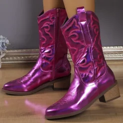 Women's Stylish White Cowboy Boots Mid-Calf Boots with Embroidered Detailing for Casual and Western Outfits