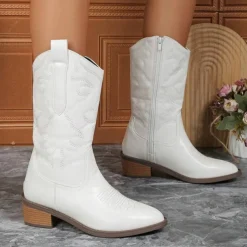 Women's Stylish White Cowboy Boots Mid-Calf Boots with Embroidered Detailing for Casual and Western Outfits
