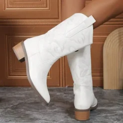 Women's Stylish White Cowboy Boots Mid-Calf Boots with Embroidered Detailing for Casual and Western Outfits