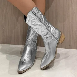 Women's Stylish White Cowboy Boots Mid-Calf Boots with Embroidered Detailing for Casual and Western Outfits