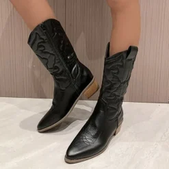 Women's Stylish White Cowboy Boots Mid-Calf Boots with Embroidered Detailing for Casual and Western Outfits