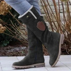 Women's Suede Knee-High Boots with Fleece Lining - Brown Winter Casual Boots for Outdoor Activities