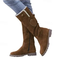 Women's Suede Knee-High Boots with Fleece Lining - Brown Winter Casual Boots for Outdoor Activities