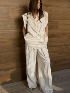 Women's Suit Vest Pants Sets Elegant Vintage Fashion Sleeveless Notch lapel collar Striped Formal Work Casual Ivory Summer Regular Fit