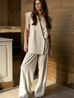 Women's Suit Vest Pants Sets Elegant Vintage Fashion Sleeveless Notch lapel collar Striped Formal Work Casual Ivory Summer Regular Fit