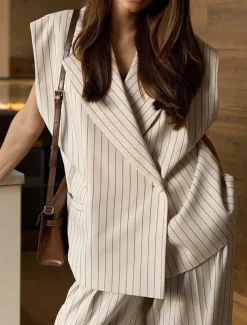 Women's Suit Vest Pants Sets Elegant Vintage Fashion Sleeveless Notch lapel collar Striped Formal Work Casual Ivory Summer Regular Fit