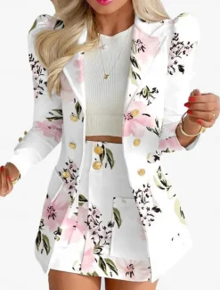 Women's Suits Blazer Comfortable Breathable Pocket Print Fashion Casual Floral Office Street Casual Daily Wear Single Breasted Short Turndown Regular Fit Long Sleeve Outerwear Black White Yellow