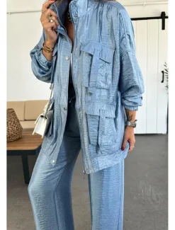 Women's Suits Comfortable Drawstring Pocket Full Zip Sports Fashion Daily Retro Plain School Vacation Home Office Cardigan Regular Stand Collar Loose Fit Long Sleeve Outerwear Silver Lake blue Black