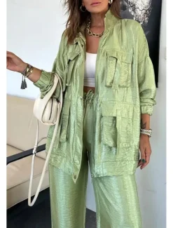 Women's Suits Comfortable Drawstring Pocket Full Zip Sports Fashion Daily Retro Plain School Vacation Home Office Cardigan Regular Stand Collar Loose Fit Long Sleeve Outerwear Silver Lake blue Black