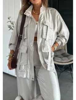 Women's Suits Comfortable Drawstring Pocket Full Zip Sports Fashion Daily Retro Plain School Vacation Home Office Cardigan Regular Stand Collar Loose Fit Long Sleeve Outerwear Silver Lake blue Black