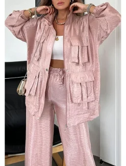 Women's Suits Comfortable Drawstring Pocket Full Zip Sports Fashion Daily Retro Plain School Vacation Home Office Cardigan Regular Stand Collar Loose Fit Long Sleeve Outerwear Silver Lake blue Black