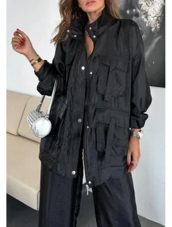 Women's Suits Comfortable Drawstring Pocket Full Zip Sports Fashion Daily Retro Plain School Vacation Home Office Cardigan Regular Stand Collar Loose Fit Long Sleeve Outerwear Silver Lake blue Black