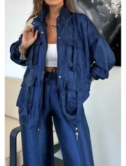 Women's Suits Comfortable Drawstring Pocket Full Zip Sports Fashion Daily Retro Plain School Vacation Home Office Cardigan Regular Stand Collar Loose Fit Long Sleeve Outerwear Silver Lake blue Black