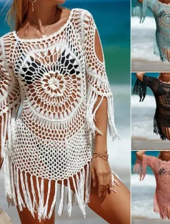 Women's Summer Beach Dress Tassel Cut Out Beach Wear Holiday Sleeveless Black White Pink Color