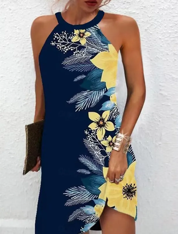 Women's Summer Dress Halter Neck Dress Print Dress Active Fashion Streetwear Outdoor Vacation Daily Regular Fit Paisley Sleeveless Halter Neck Yellow Royal Blue Blue Dark Blue Summer Spring