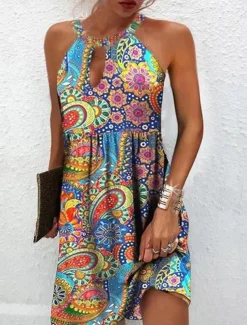 Women's Summer Dress Halter Neck Dress Print Dress Active Fashion Streetwear Outdoor Vacation Daily Regular Fit Paisley Sleeveless Halter Neck Yellow Royal Blue Blue Dark Blue Summer Spring